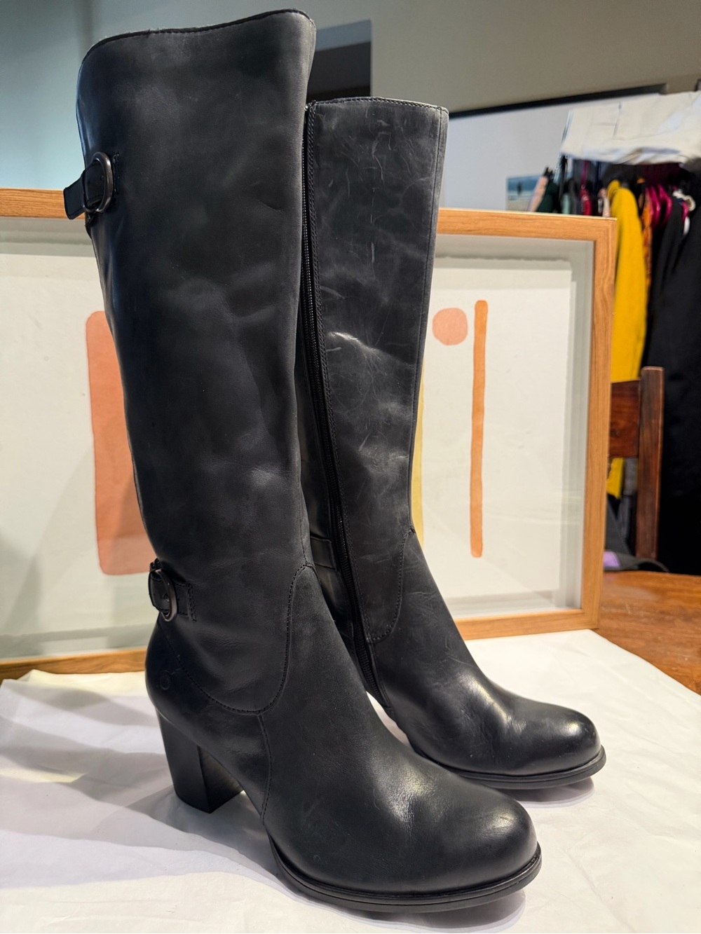 Born Black Leather Tall Knee High Boots Block Heel Buckle Zip Stretch Size 7.5